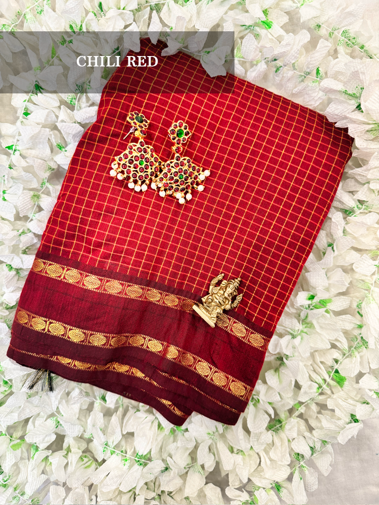 Checked Arani PolyCotton Bharatanatyam Dance Practice Saree in varies colors-Checkered with Double Pett (gap) Gold Zari Border