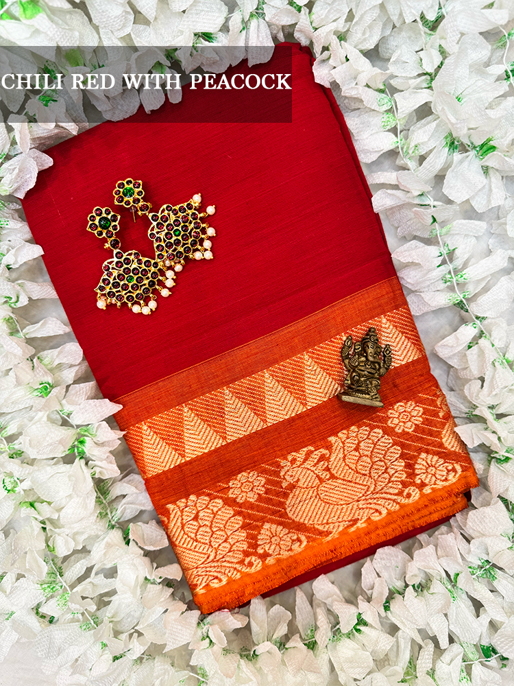 Chili red cotton dance practice saree with gold peacock border for Bharatanatyam, Kuchipudi and Odissi performance