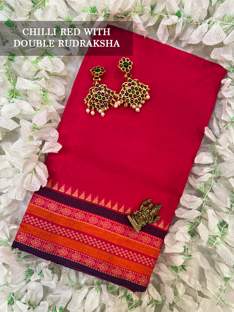Red cotton dance practice saree with rudraksha border for Bharatanatyam, Kuchipudi and Odissi performance