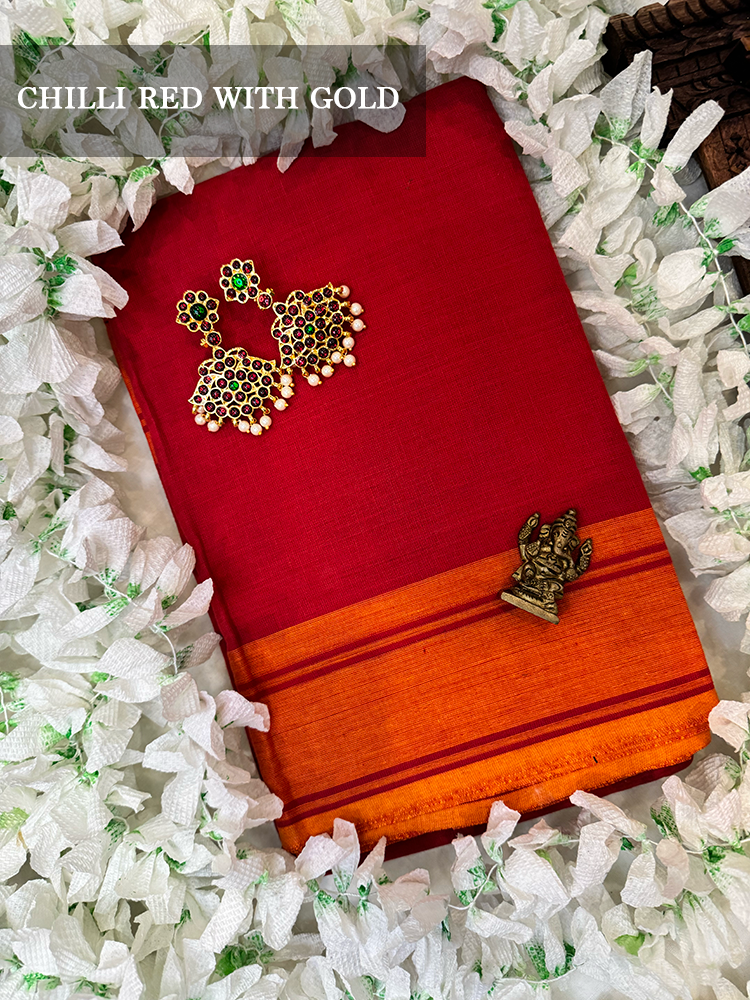 Chili red cotton dance practice saree with orange plain border for Bharatanatyam, Kuchipudi and Odissi dance practice.