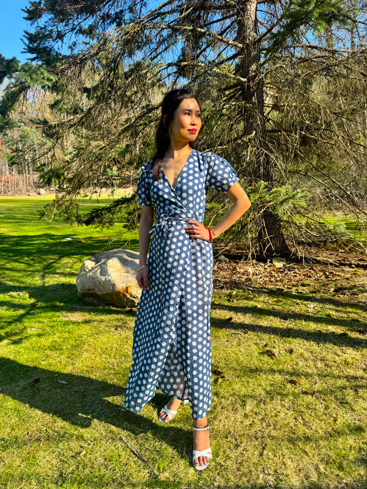 Women's Blue Polka Dot Cotton Maxi Wrap Dress with Side Slit