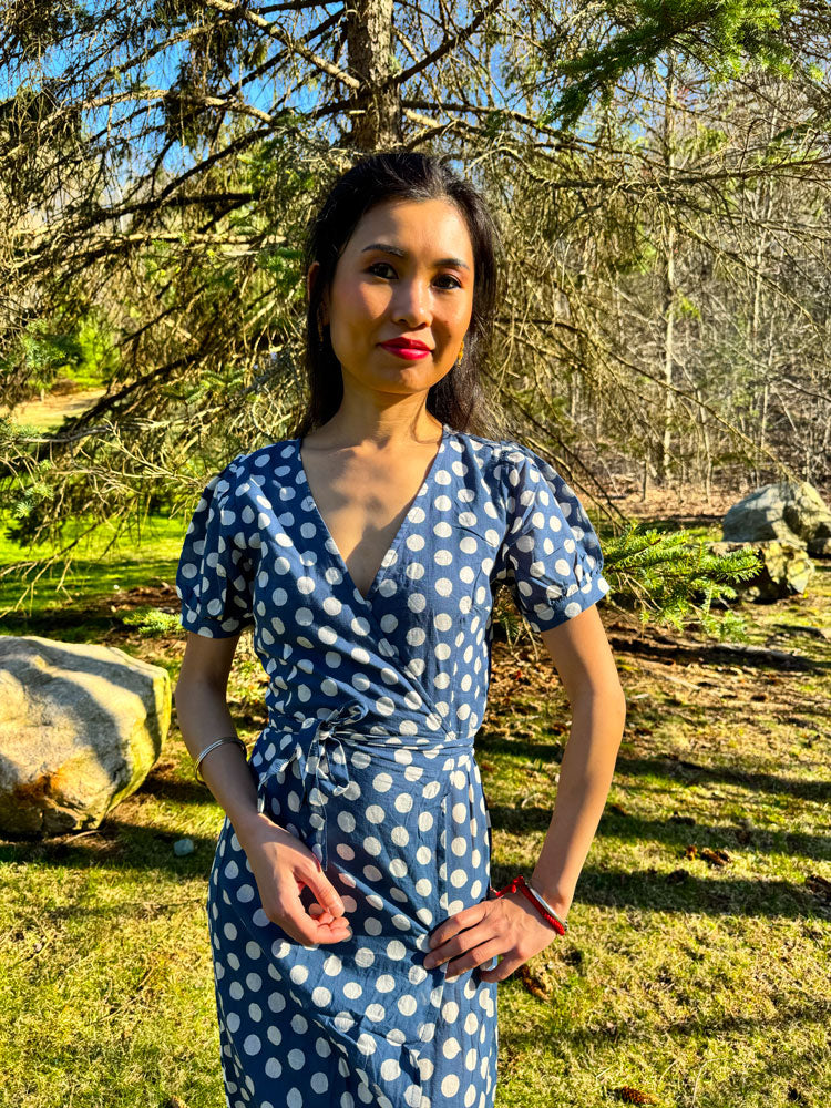 Women's Blue Polka Dot Cotton Maxi Wrap Dress with Side Slit