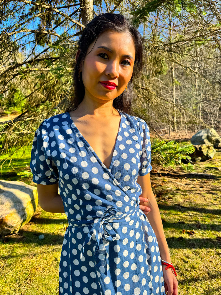 Women's Blue Polka Dot Cotton Maxi Wrap Dress with Side Slit