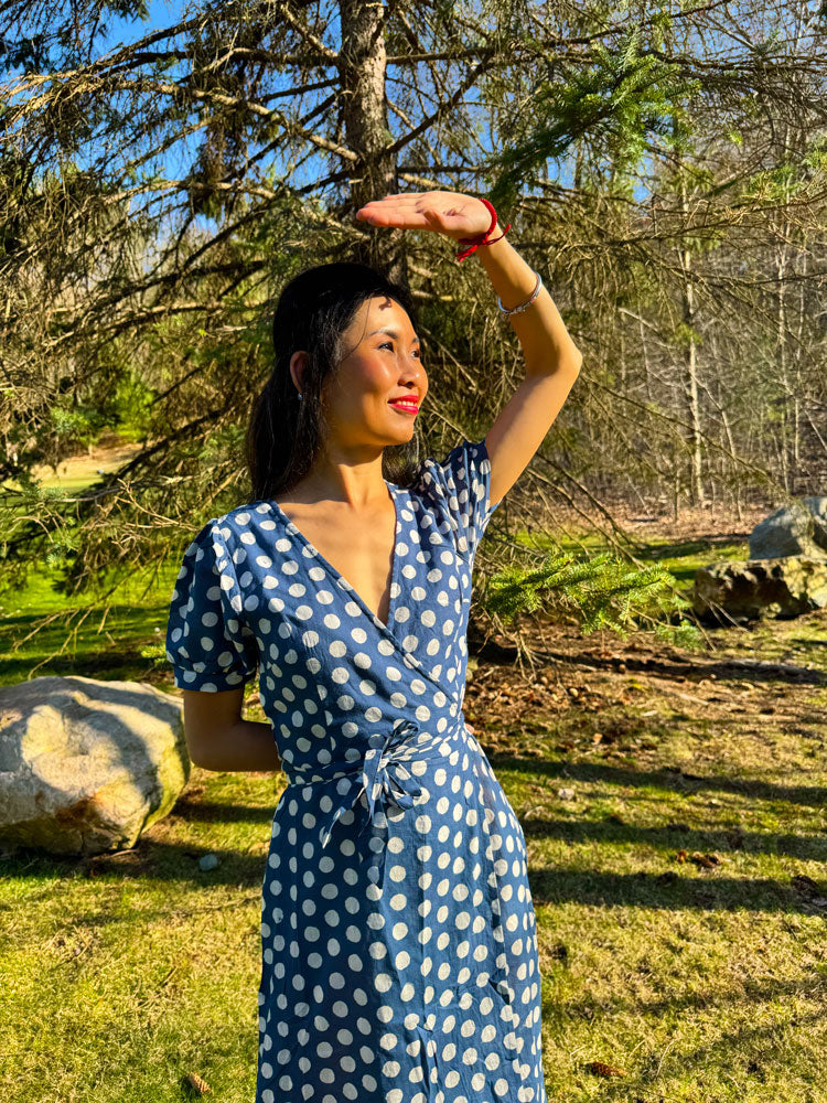 Women's Blue Polka Dot Cotton Maxi Wrap Dress with Side Slit