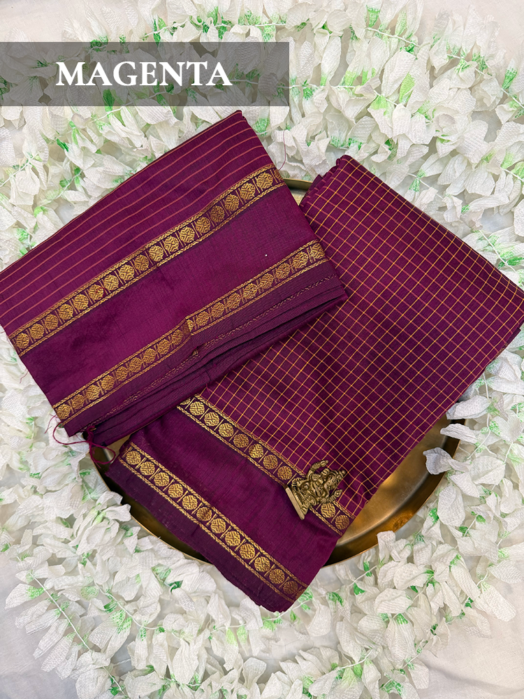 Checked Arani PolyCotton Bharatanatyam Dance Practice Saree in varies colors-Checkered with Double Pett (gap) Gold Zari Border, comes with unstitched blouse piece!