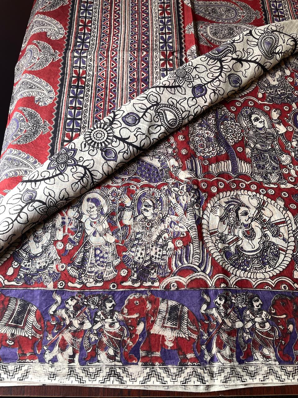 Kalamkari cotton sarees purple with red with allover prints and printed border