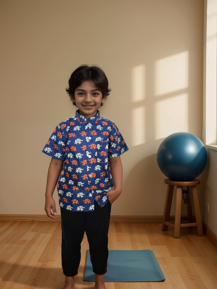 blue cotton animal print boys button down shirt