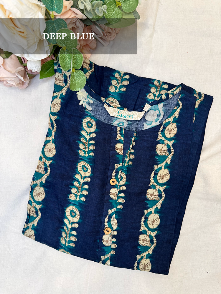 Navy blue kurti with gold embroidery on a white background