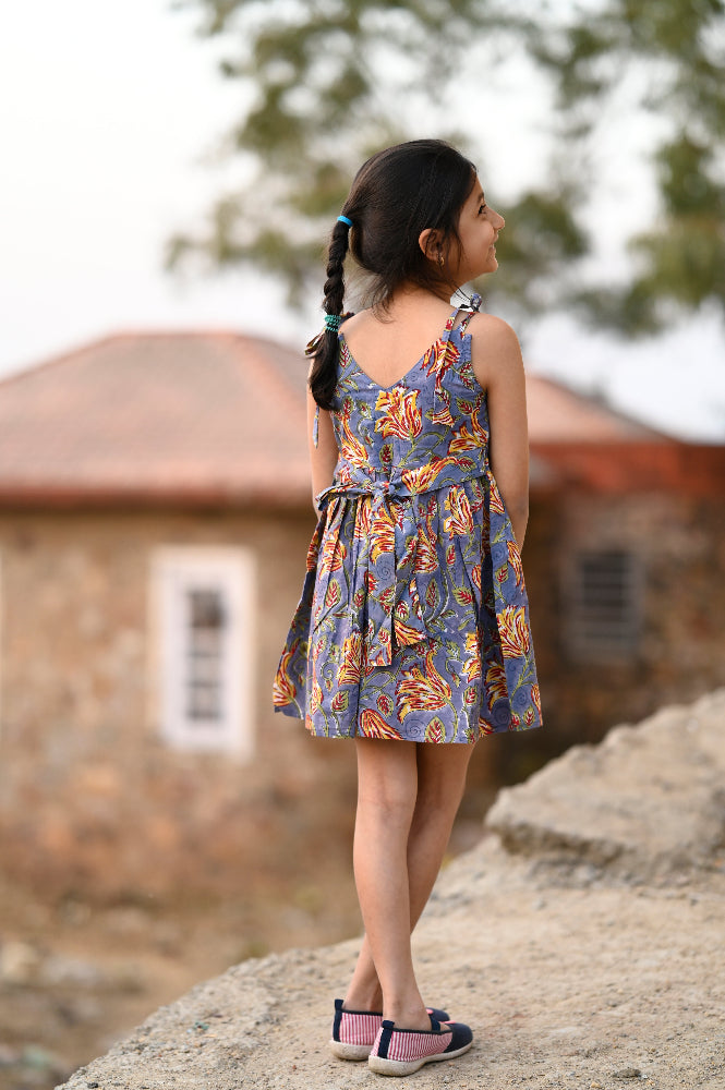 Cotton floral hand block printed dress for girls