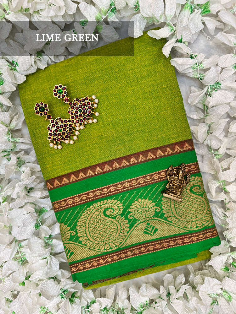 Lime green cotton dance practice saree with gold decorative border for Bharatanatyam, Kuchipudi and Odissi performance