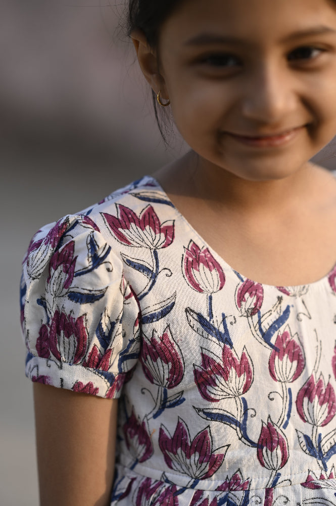 floral hand block printed kids dress