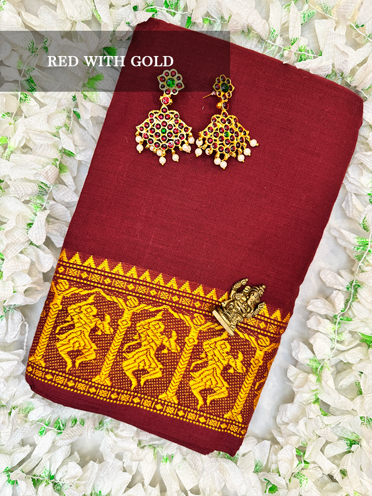 Red cotton dance practice saree with gold nataraja border for Bharatanatyam, Kuchipudi and Odissi