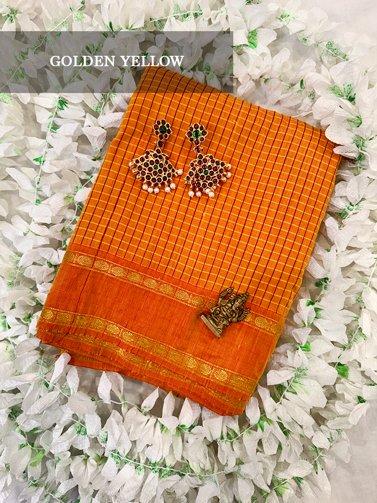 Checked Arani PolyCotton Bharatanatyam Dance Practice Saree in varies colors-Checkered with Double Pett (gap) Gold Zari Border