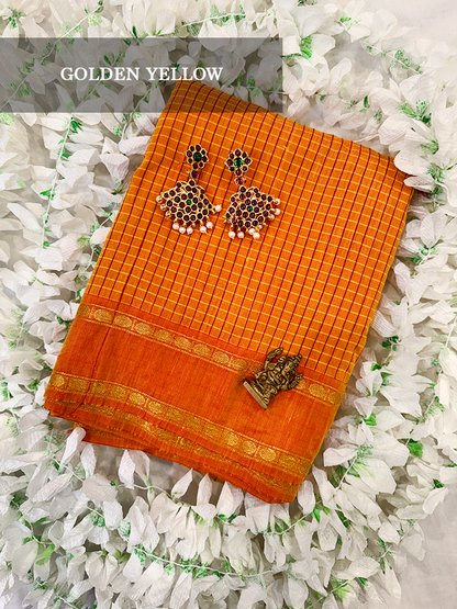 Checked Arani PolyCotton Bharatanatyam Dance Practice Saree in varies colors-Checkered with Double Pett (gap) Gold Zari Border