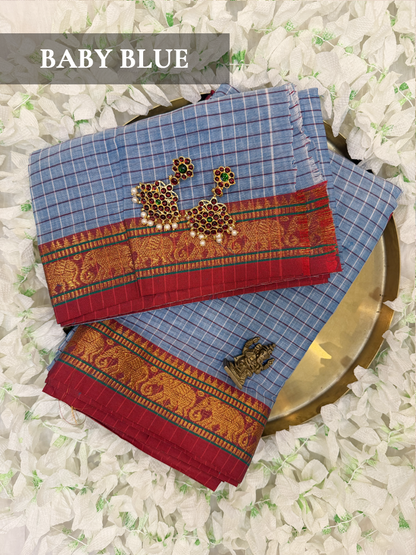 Checked Narayanpet Silk Cotton Blend Bharatanatyam Dance Practice Saree in varies colors-Checkered with decorative Border, comes with unstitched blouse piece! (Copy)