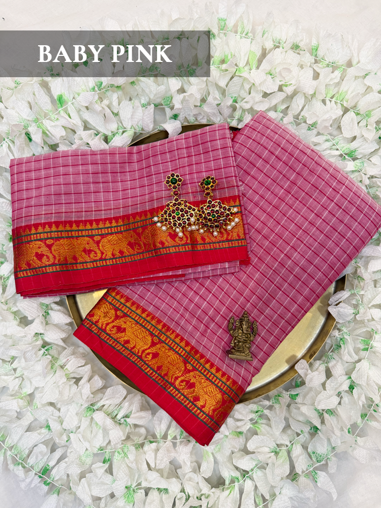 Checked Narayanpet Silk Cotton Blend Bharatanatyam Dance Practice Saree in varies colors-Checkered with decorative Border, comes with unstitched blouse piece! (Copy)