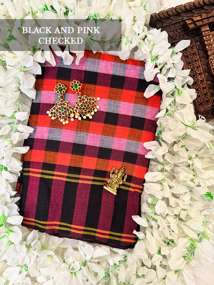 Black and pink checkered dance practice saree for Bharatanatyam, Kuchipudi and Odissi dance