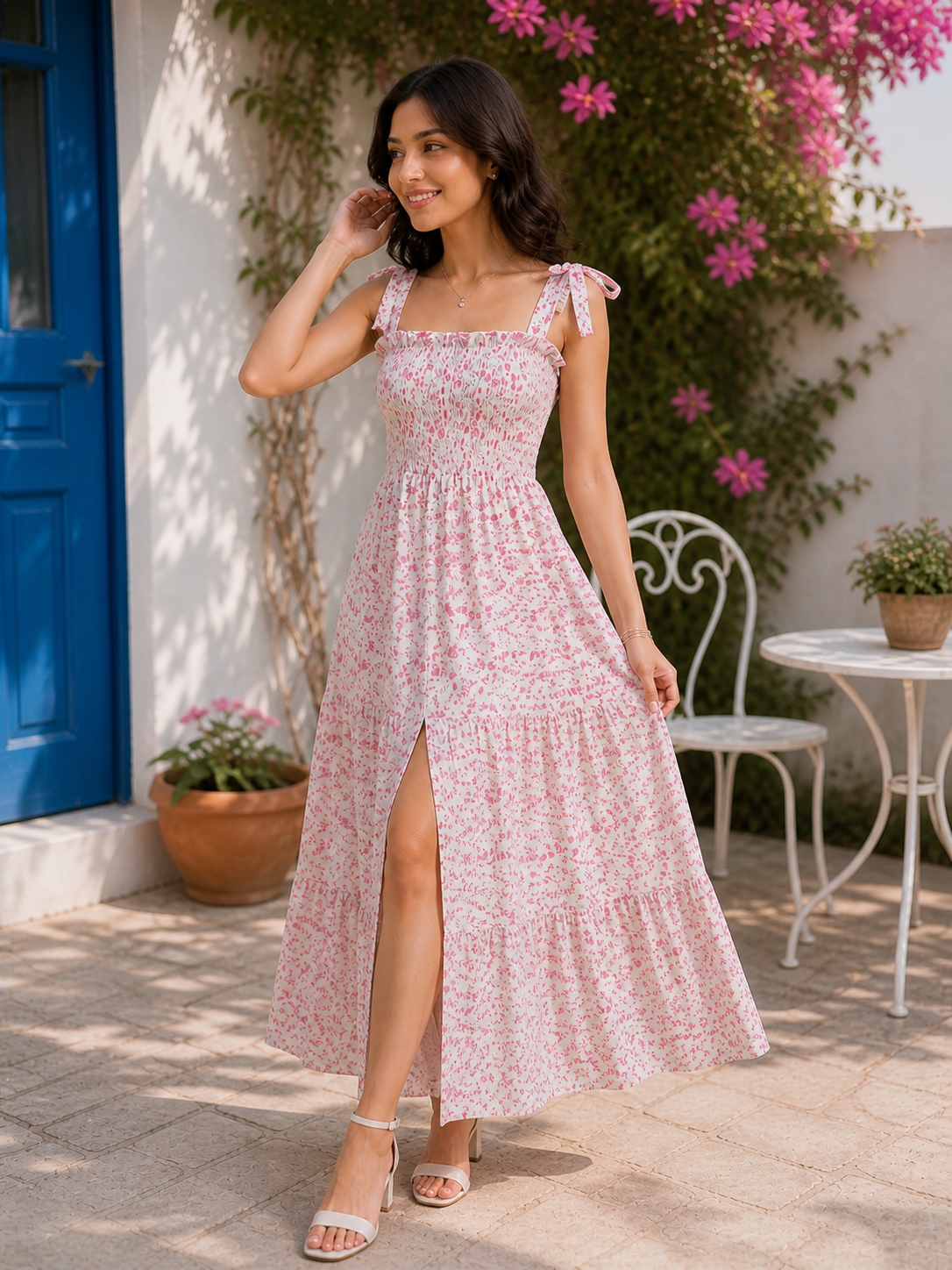 Smocked Cotton Floral Maxi Dress with Front Slit