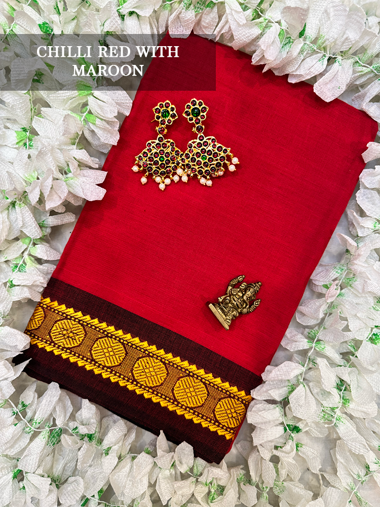 Chili red cotton dance practice saree with gold and brown border for Bharatanatyam, Kuchipudi and Odissi performance