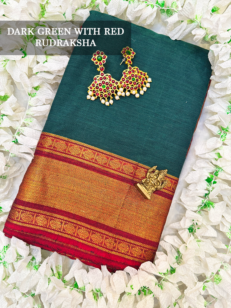 Dark green cotton dance practice saree with red border for Bharatanatyam, Kuchipudi and Odissi performance