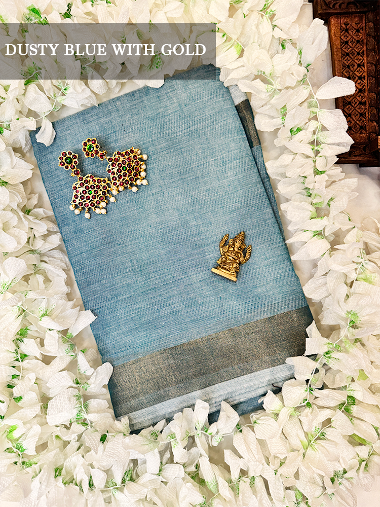 Dusty blue cotton dance practice saree with gold  border for Bharatanatyam, Kuchipudi and Odissi performance