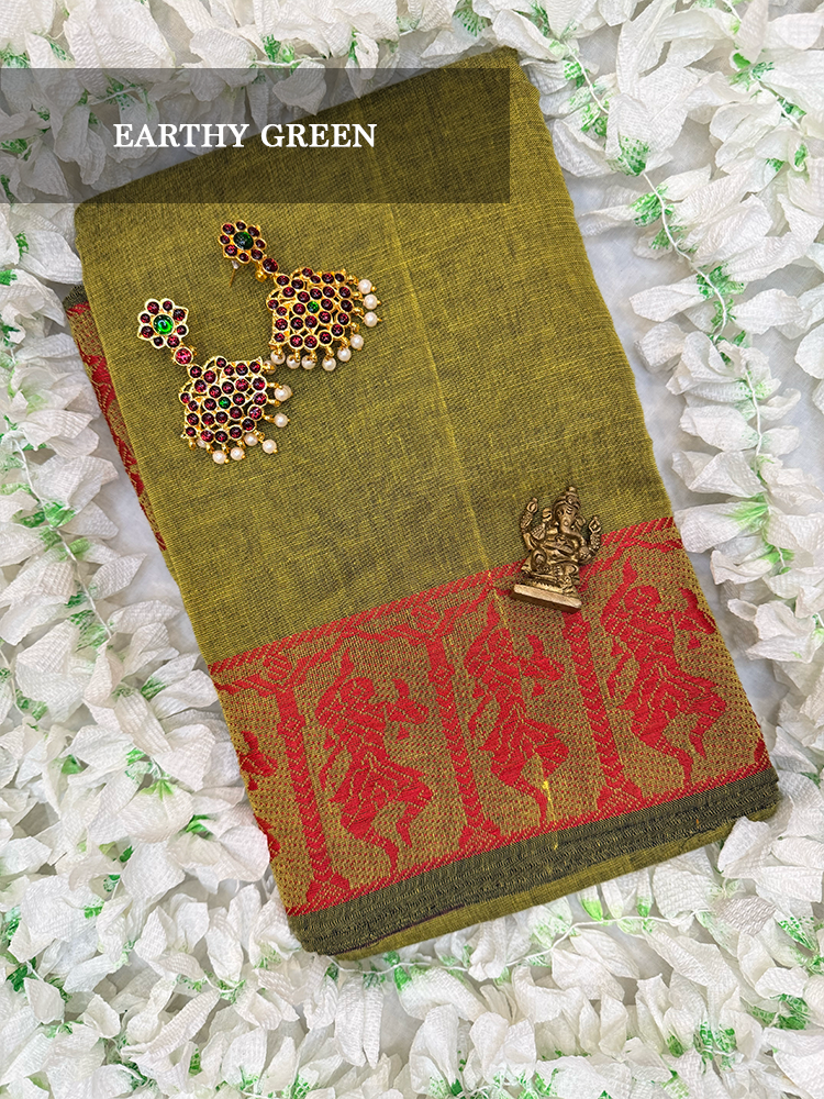 Earthy green cotton dance practice saree with red nataraja border for Bharatanatyam, Kuchipudi and Odissi performance