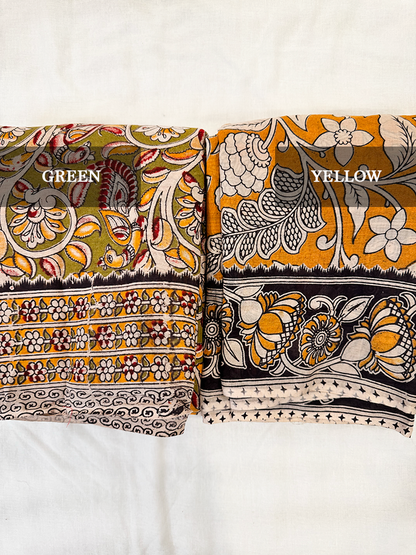 Yellow Kalamkari printed cotton Saree