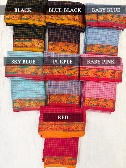 Checked Narayanpet Silk Cotton Blend Bharatanatyam Dance Practice Saree in varies colors-Checkered with decorative Border, comes with unstitched blouse piece! (Copy)