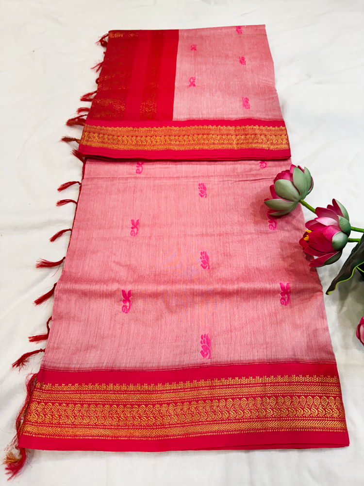 Baby pink kalyani silk cotton saree with red pallu and golden peacock border