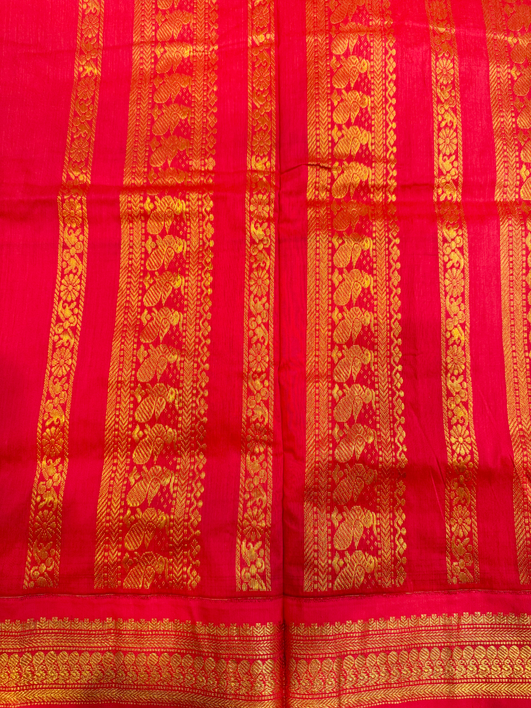 Baby pink kalyani silk cotton saree with red pallu and golden peacock border