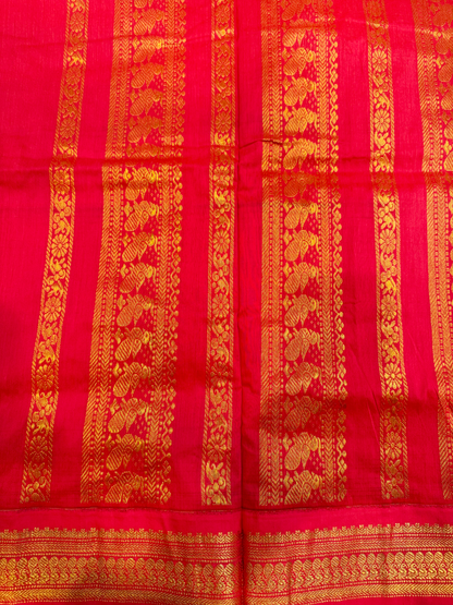 Baby pink kalyani silk cotton saree with red pallu and golden peacock border