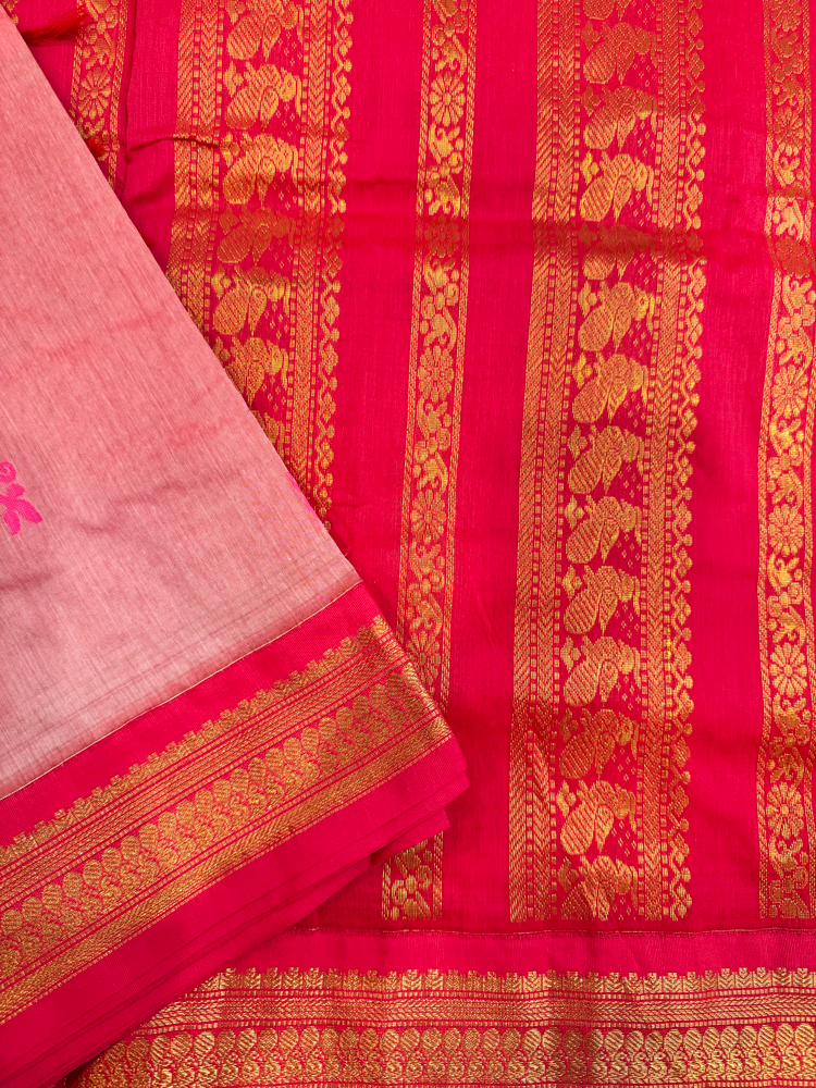 Baby pink kalyani silk cotton saree with red pallu and golden peacock border