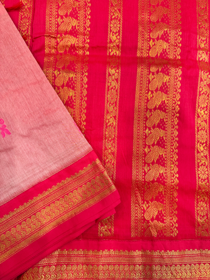 Baby pink kalyani silk cotton saree with red pallu and golden peacock border