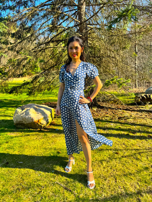 Women's Blue Polka Dot Cotton Maxi Wrap Dress with Side Slit
