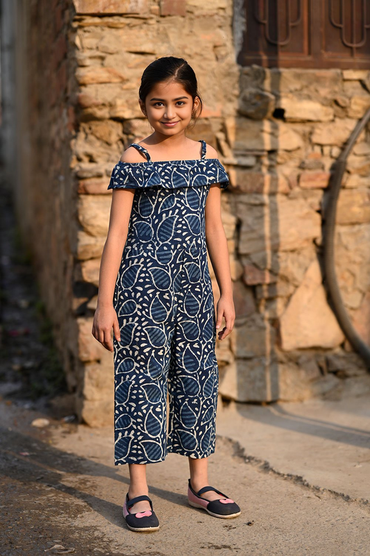 Indigo hand block printed girls romper