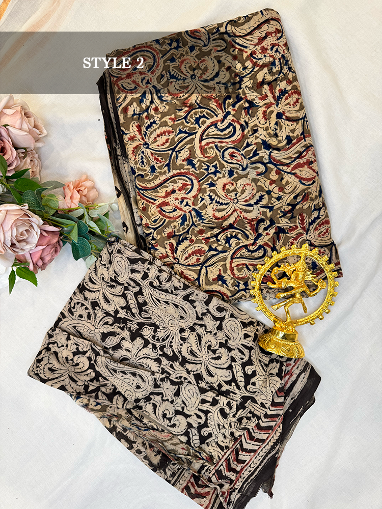 Kalamkari dance sarees with unstitched blouse piece-Cotton Dance Practice Saree  - Made specifically for Indian classical dancers, Bharatanatyam saree, Odissi saree, Kuchipudi saree