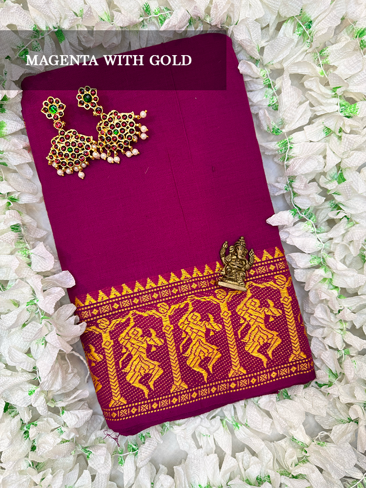 Magenta cotton dance practice saree with gold nataraja border for Bharatanatyam, Kuchipudi and Odissi performance