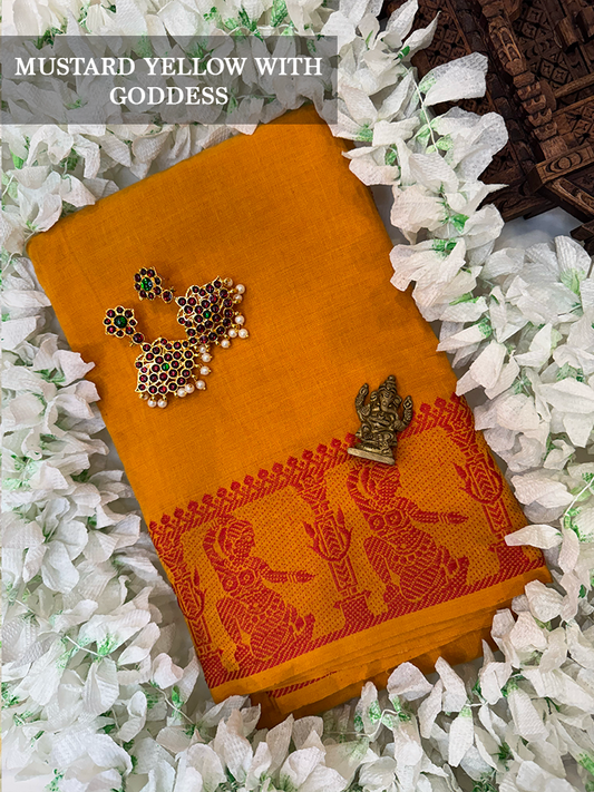 Mustard yellow cotton dance practice saree with red goddess border for Bharatanatyam, Kuchipudi and Odissi dance practice.