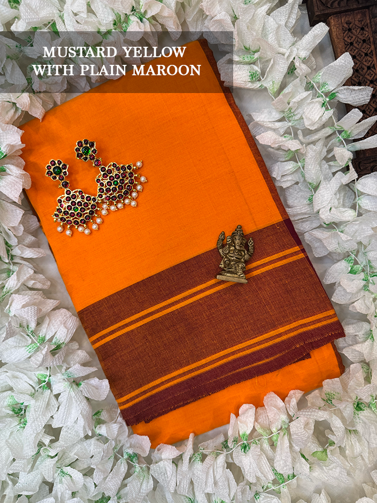 Mustard yellow dance practice saree and plain maroon border saree for Bharatanatyam, Kuchipudi and Odissi dance practice.