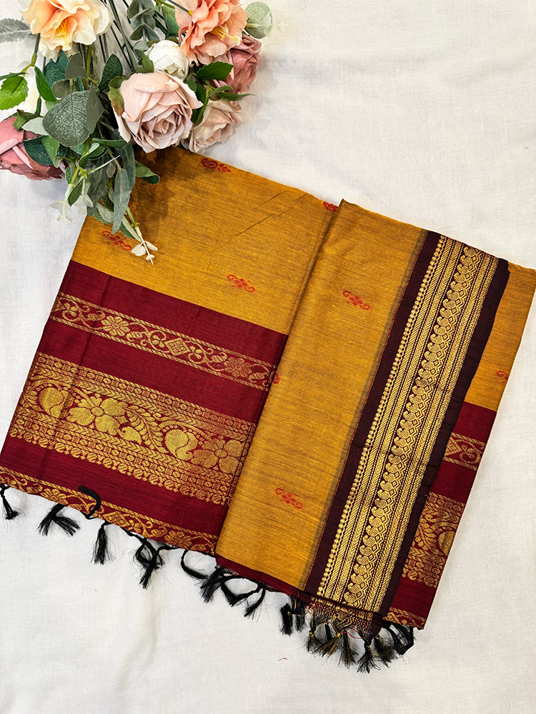 Mustard yellow and red kalyani silk cotton saree 