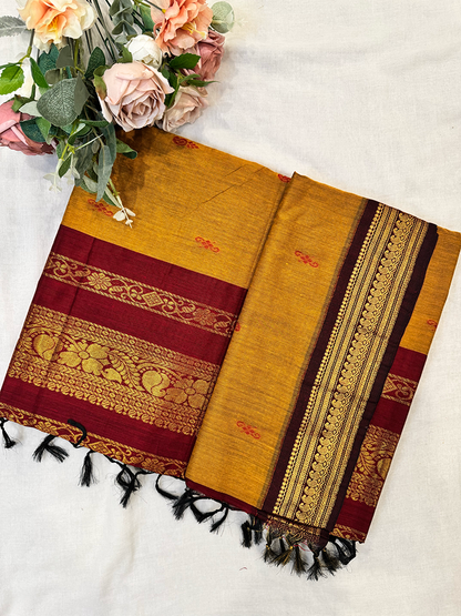 Mustard yellow and red kalyani silk cotton saree 