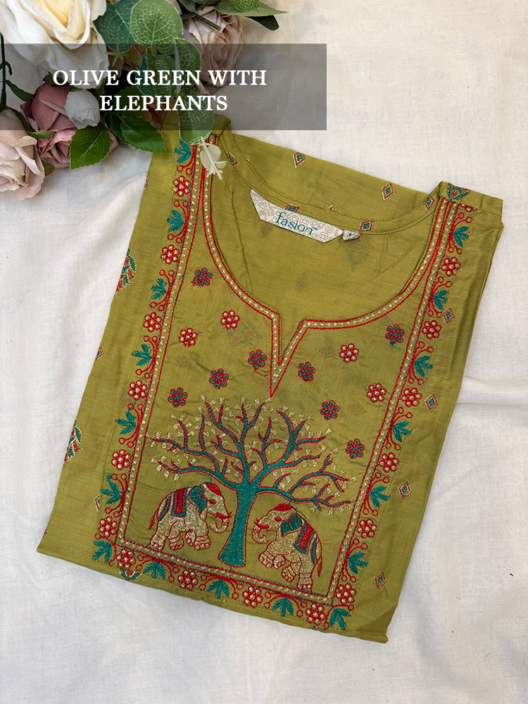 Olive green kurti with elephant and tree design on a white background