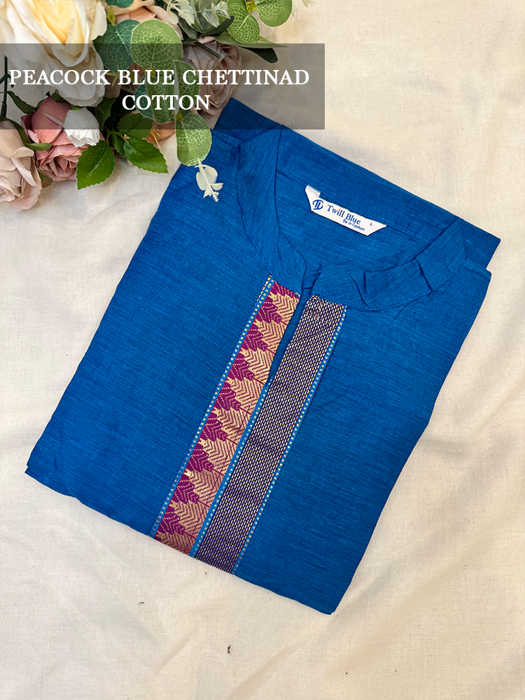 Solid Blue chettinad cotton Kurti on a beige background