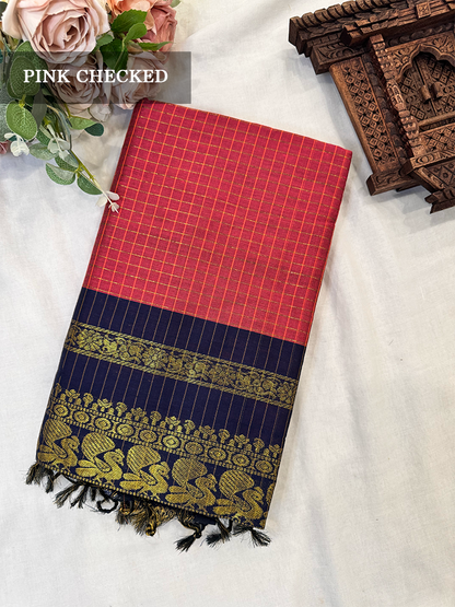 Pink kalyani silk cotton saree with navy blue and gold peacock border