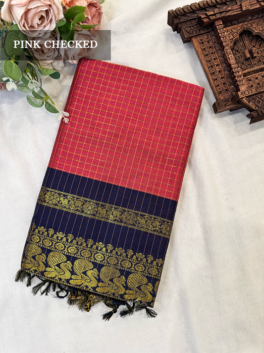 Pink kalyani silk cotton saree with navy blue and gold peacock border