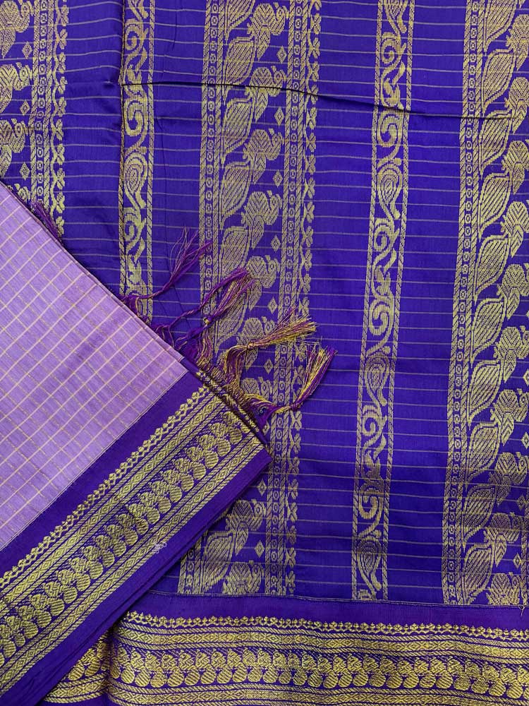 Kalyani Silk Cotton Saree in Beautiful Purple Checked Pattern with Rich Pattu Border in Purple Color