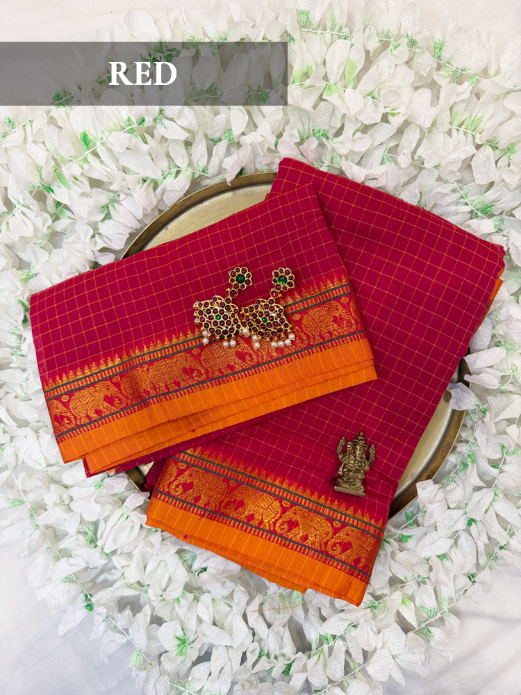 Checked Narayanpet Silk Cotton Blend Bharatanatyam Dance Practice Saree in varies colors-Checkered with decorative Border, comes with unstitched blouse piece! (Copy)