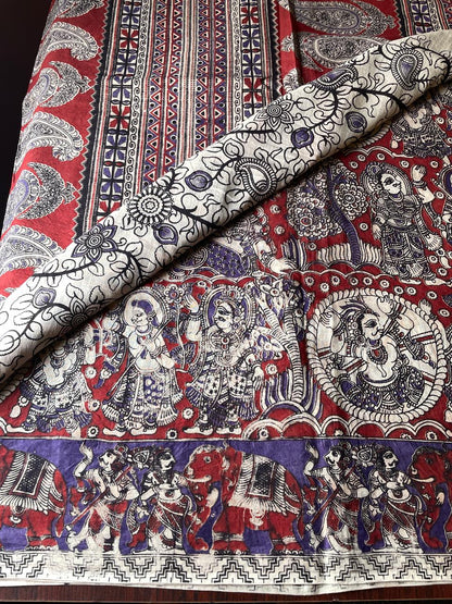 Kalamkari cotton sarees purple with red with allover prints and printed border