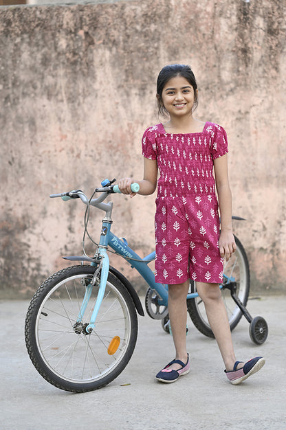 Roja Romper- Pink Floral Digitally Printed Smocked top Knee Length Romper for Girls