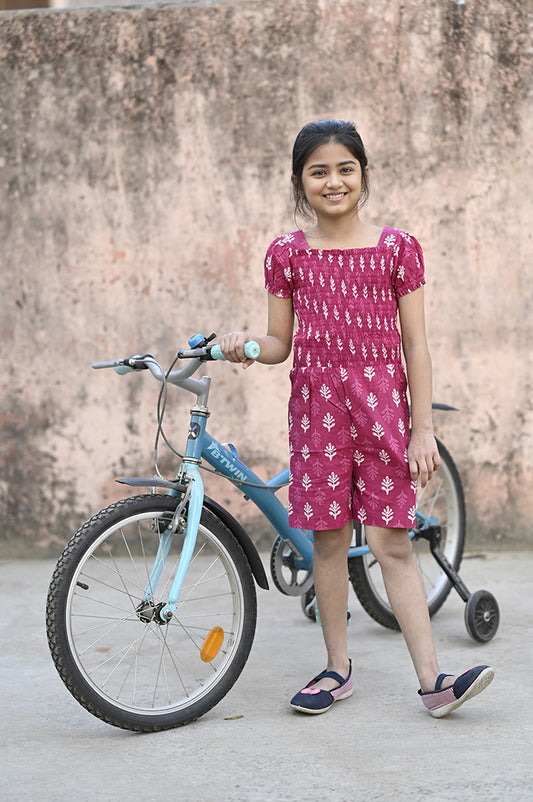 Roja Romper- Pink Floral Digitally Printed Smocked top Knee Length Romper for Girls